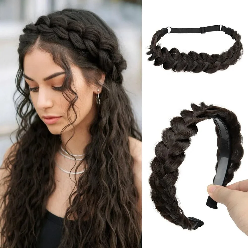 2PCs Braided Headbands Women Synthetic Hair Dual Use Elastic Comfortable